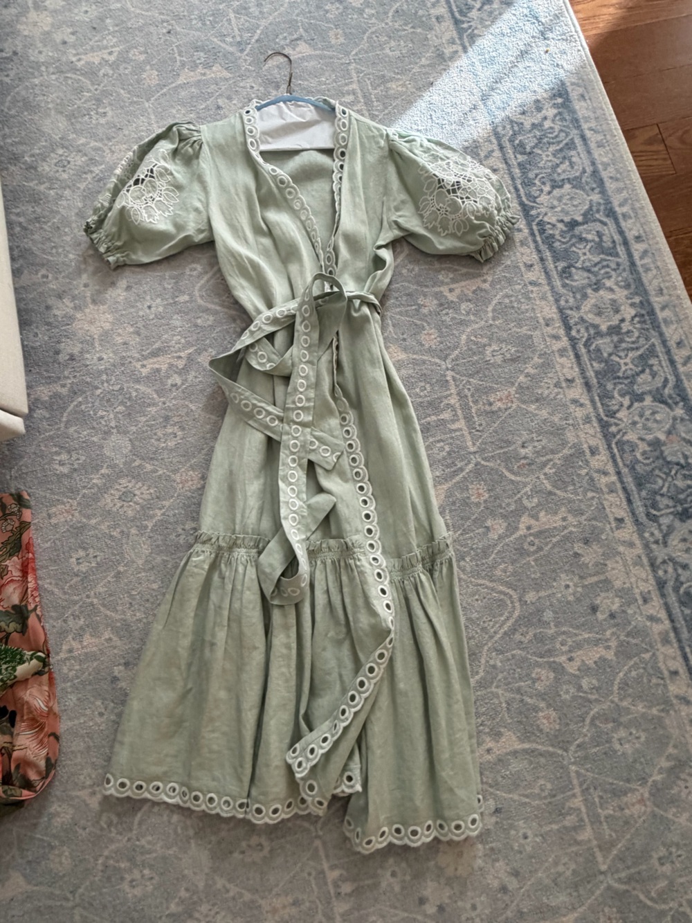 Fanm Mon Sage Green Eyelet Trim Wrap Dress